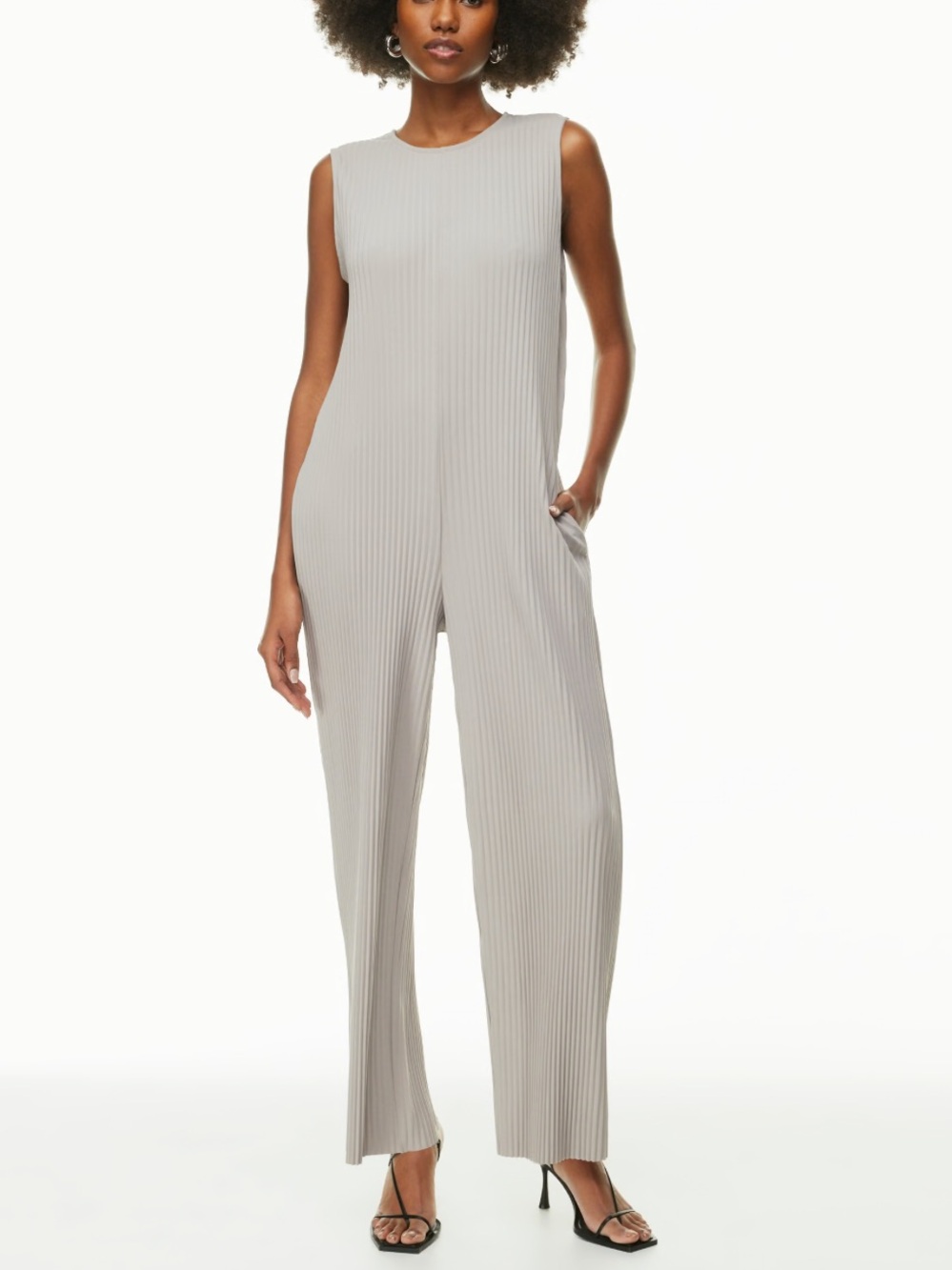 babaton conference jumpsuit XL Sleeveless Pleated Wide-Leg Jumpsuit in Light Gra